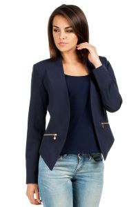Dark Blue Unique Collar Women Blazer Jacket
