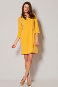 Yellow Slit Neckline Pleated Midi Length Dress
