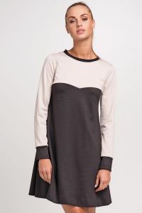 Beige and Black Seam Swing Dress with Long Cuffed Sleeves