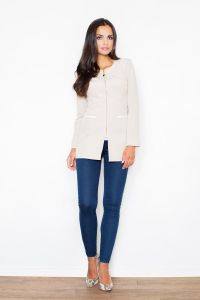 Beige Seam Blazer with Half Front Zipper and Contrast Flap Pockets