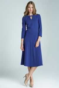 Feminine Blue Flared Dress With Keyhole Neckline
