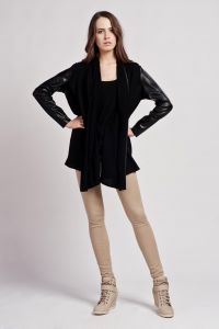 Stylish Open Black Sweater With Leather Sleeves