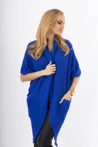 Cornflower Blue Lace-Knit Long Sweater with Side Pockets