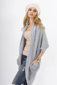 Grey Lace-Knit Long Sweater with Side Pockets