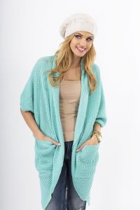 Mint Lace-Knit Long Sweater with Side Pockets
