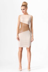 Beige Bodycon Dress With Asymmetrical Leather Feature
