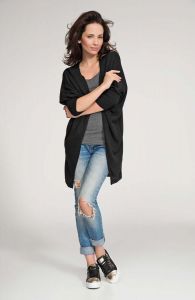 Black front open sweater with batwing sleeves
