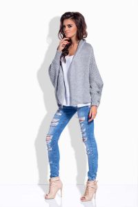 Light grey front open sweater with fold over neckline
