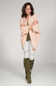 Salmon pink cardigan cape with wide shoulders