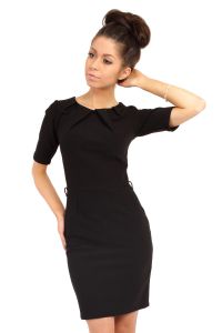 Black Pleated Neckline Belted Shift Dress