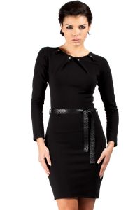 Black Pleated Neckline Shift Dress with Belt