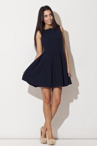 Blue Bateau Neck Pleated Skirt Dress with Back Zip Fastening
