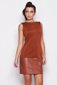 Brown Leather Hemline Sleeveless Shift Dress