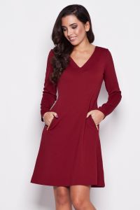 Claret V Neck Shift Dress with Side Pockets