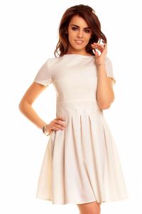 Cream Pleated Seam Dress with Metallic Emblem