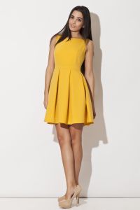 Deep Yellow Bateau Neck Pleated Skirt Dress with Back Zip Fastening