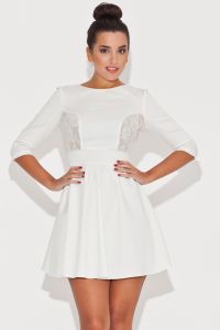 Elbow Sleeve Fit and Flare Ecru Dress with Lace Front Panels