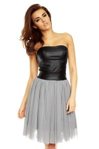 Grey Tulle Prom Dress with Bandeau Leather Bodice