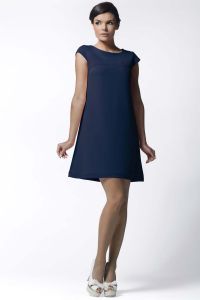 Navy Blue Keyhole Back Cap Sleeves Shift Dress