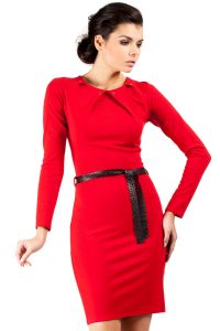 Red Pleated Neckline Shift Dress with Belt