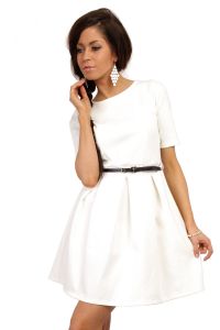 White Magnanimous Modern Belted Tea-length Dress
