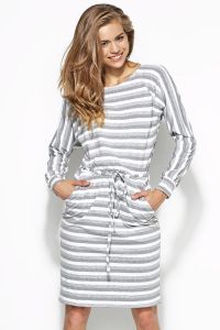 Grey and White Striped Shirt Dress with Draw String Waist