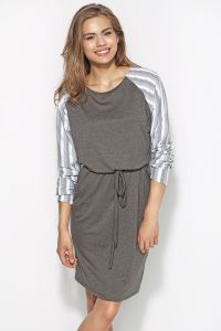 Grey&White Flecked Dress with Raglan Striped Sleeves and Self Tie Waist Belt