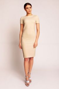 Beige Shift Seam Dress with Cowl Neck Back