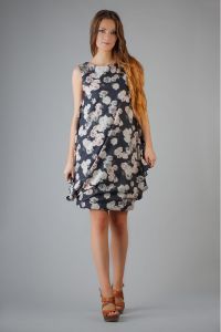 Black Rose Printed Balloon Dress with Waterfall Side Panels