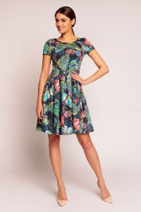 Blue Abstract Printed Pleated Dress with 1/4 Sleeves