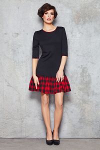 Navy Blue Drop Waist Dress with Checkered Red Panel