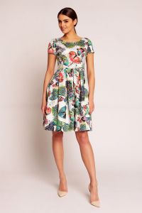White Abstract Printed Pleated Dress with 1/4 Sleeves