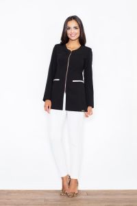 Black Seam Blazer with Half Front Zipper and Contrast Flap Pockets