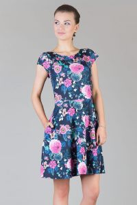 Floral Printed Pleated Short Dress with Cap Sleeves