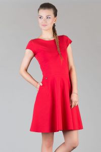 Red Pleated Short Dress with Cap Sleeves