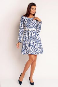 White and Blue Floral Printed Flippy Dress with Fabric Belt