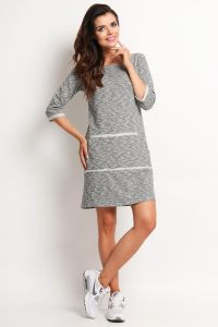 Textured Grey Shift Dress with Parallel Trim