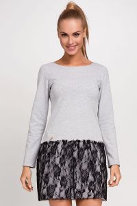 Gray Casual Knitted Dress With Black Lace Over Skirt
