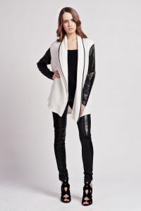 Stylish Open Monochrome Sweater With Leather Sleeves