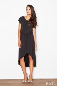 Trendy Black Dress With Drawstring Belt and Overlap Skirt