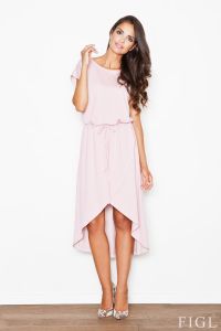 Trendy Pink Dress With Drawstring Belt and Overlap Skirt