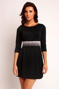 Black Back Zipper Dress with Lace Waist Belt