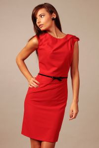 Red Back Slit Shift Dress with Contrast Waist Belt