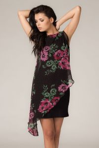 Asymmetrical Black Lace Floral Dress with Contrast Underlay