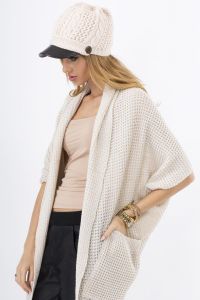 Beige Lace-Knit Long Sweater with Side Pockets