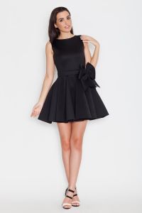 Black Pleated Short Dress with Bow Belt