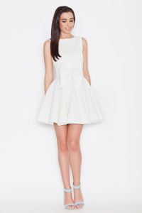 Off White Pleated Short Dress with Bow Belt