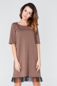 Brown Seam Shirt Dress With Sheer Trim