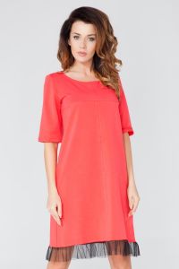 Coral Seam Shirt Dress With Sheer Trim