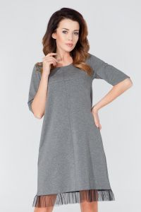 Grey Seam Shirt Dress With Sheer Trim